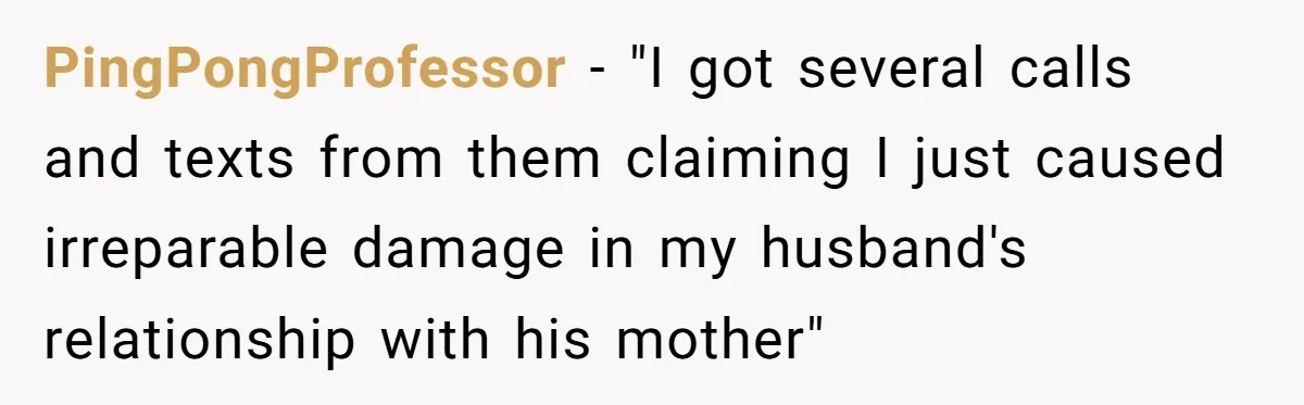 PingPongProfessor − "I got several calls and texts from them claiming I just caused irreparable damage in my husband's relationship with his mother"