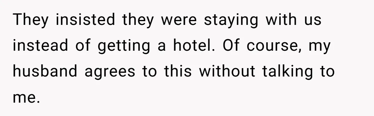 They insisted they were staying with us instead of getting a hotel. Of course, my husband agrees to this without talking to me.