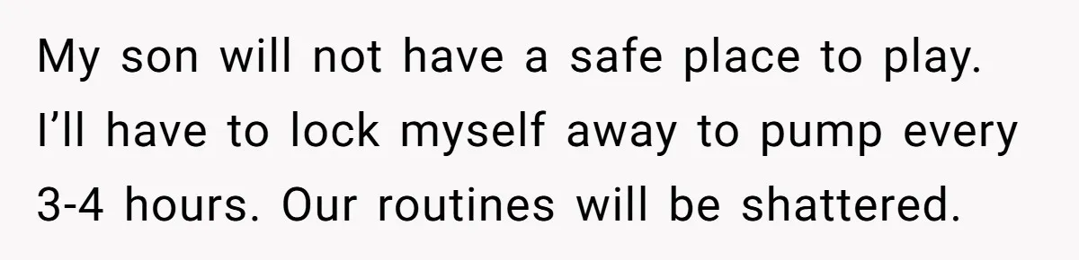 My son will not have a safe place to play. I’ll have to lock myself away to pump every 3-4 hours. Our routines will be shattered.