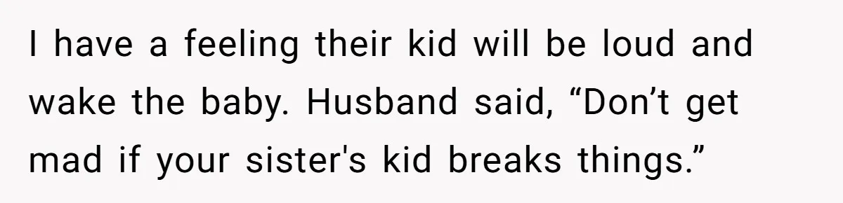 I have a feeling their kid will be loud and wake the baby. Husband said, “Don’t get mad if your sister's kid breaks things.”