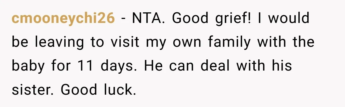 cmooneychi26 − NTA. Good grief! I would be leaving to visit my own family with the baby for 11 days. He can deal with his sister. Good luck.