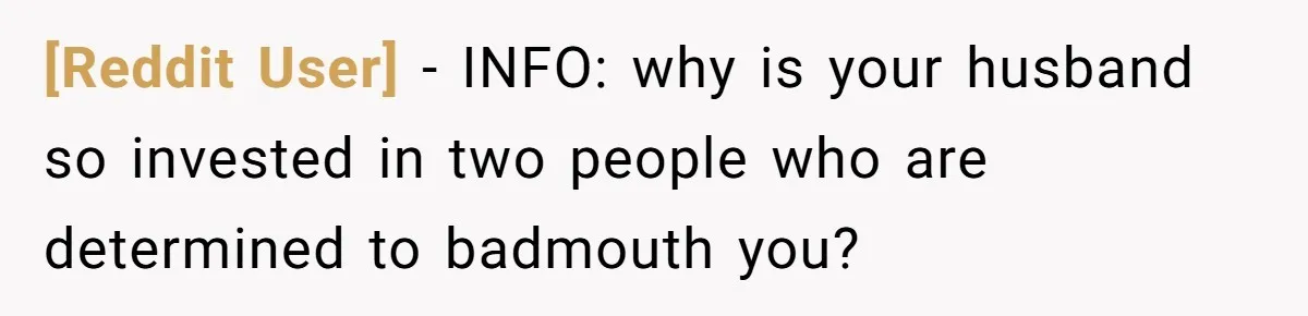[Reddit User] − INFO: why is your husband so invested in two people who are determined to badmouth you?