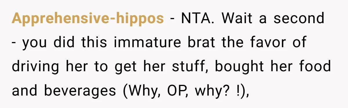 Apprehensive-hippos − NTA. Wait a second - you did this immature brat the favor of driving her to get her stuff, bought her food and beverages (Why, OP, why? !),