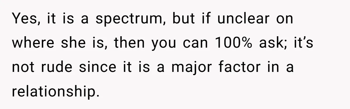 Yes, it is a spectrum, but if unclear on where she is, then you can 100% ask; it’s not rude since it is a major factor in a relationship.