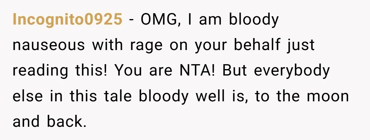 Incognito0925 − OMG, I am bloody nauseous with rage on your behalf just reading this! You are NTA! But everybody else in this tale bloody well is, to the moon...