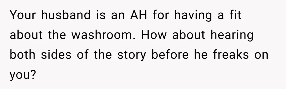 Your husband is an AH for having a fit about the washroom. How about hearing both sides of the story before he freaks on you?