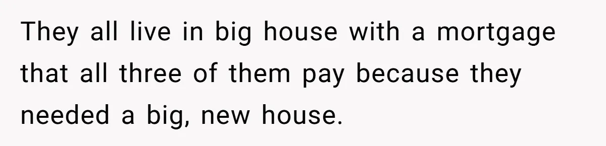 They all live in big house with a mortgage that all three of them pay because they needed a big, new house.