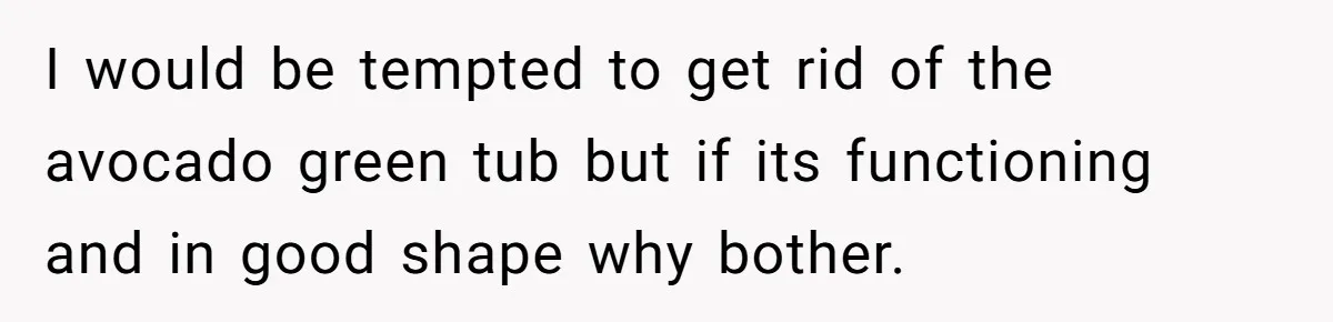 I would be tempted to get rid of the avocado green tub but if its functioning and in good shape why bother.