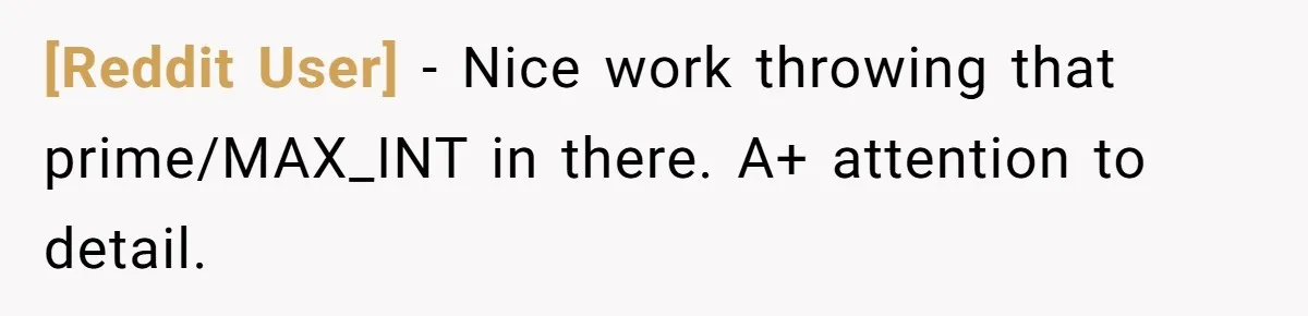 [Reddit User] − Nice work throwing that prime/MAX_INT in there. A+ attention to detail.