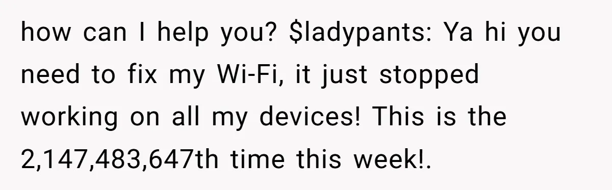 how can I help you? $ladypants: Ya hi you need to fix my Wi-Fi, it just stopped working on all my devices! This is the 2,147,483,647th time this week!.