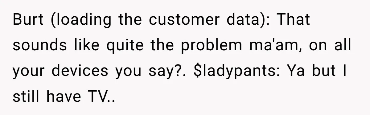 Burt (loading the customer data): That sounds like quite the problem ma'am, on all your devices you say?. $ladypants: Ya but I still have TV..