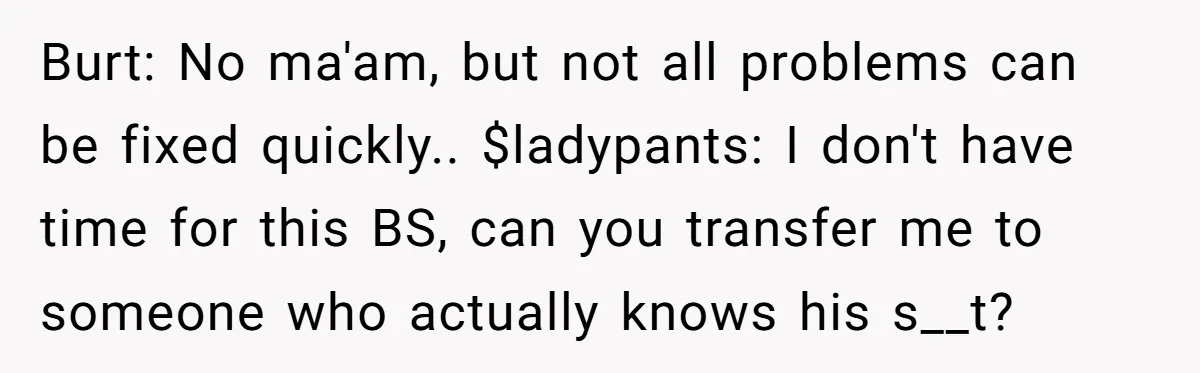 Burt: No ma'am, but not all problems can be fixed quickly.. $ladypants: I don't have time for this BS, can you transfer me to someone who actually knows his s__t?