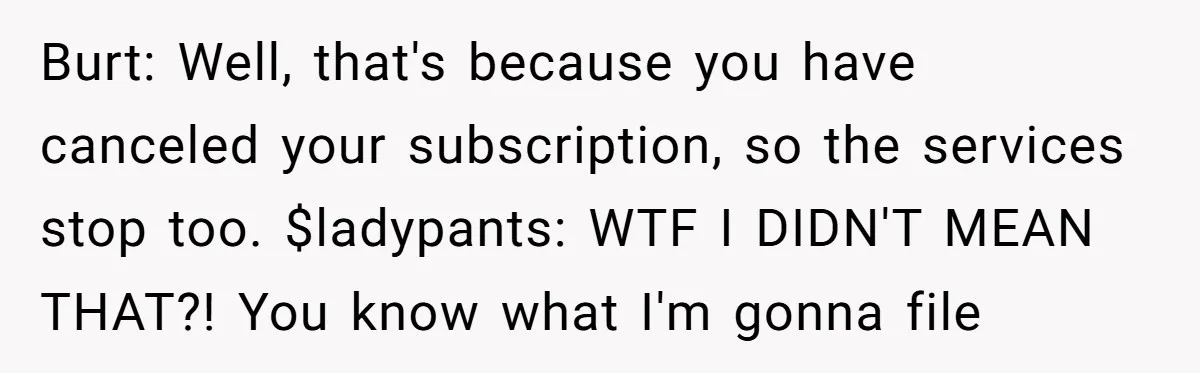 Burt: Well, that's because you have canceled your subscription, so the services stop too. $ladypants: WTF I DIDN'T MEAN THAT?! You know what I'm gonna file