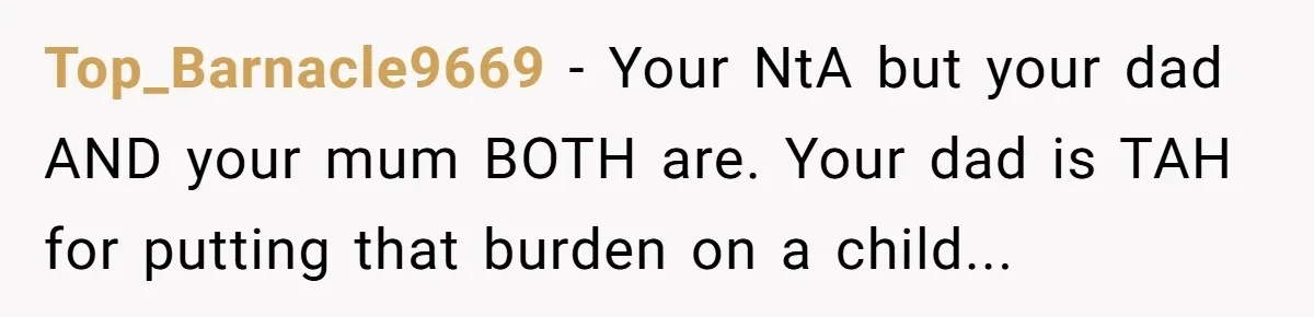 “You Were Loyal to Him”: Mom Punishes Son for Covering for Cheating Dad Top_Barnacle9669 − Your NtA but your dad AND your mum BOTH are. Your dad is TAH for putting that burden on a child...