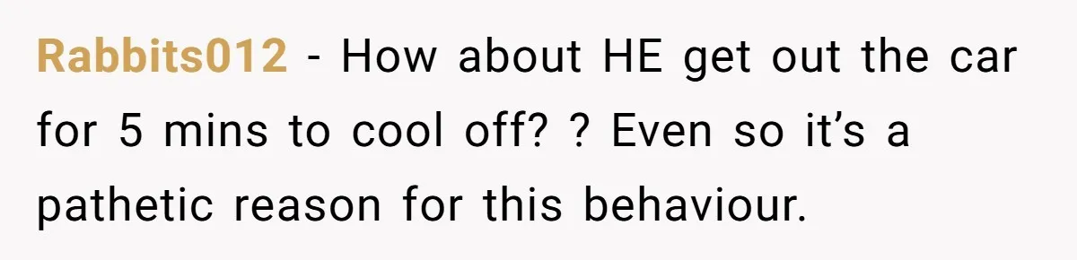 Rabbits012 − How about HE get out the car for 5 mins to cool off? ? Even so it’s a pathetic reason for this behaviour.
