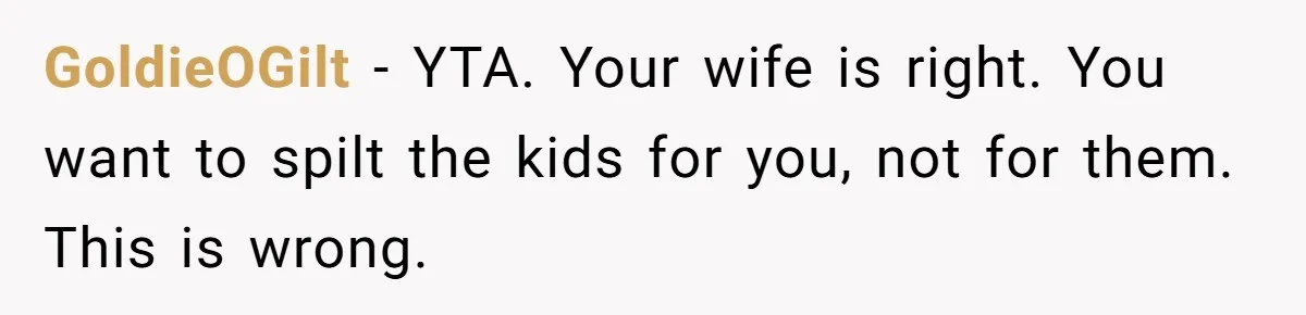 GoldieOGilt - YTA. Your wife is right. You want to spilt the kids for you, not for them. This is wrong.