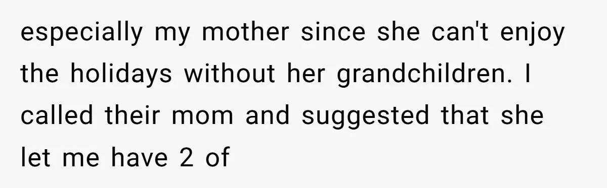 especially my mother since she can't enjoy the holidays without her grandchildren. I called their mom and suggested that she let me have 2 of