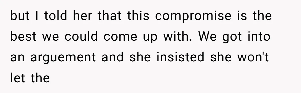 but I told her that this compromise is the best we could come up with. We got into an arguement and she insisted she won't let the