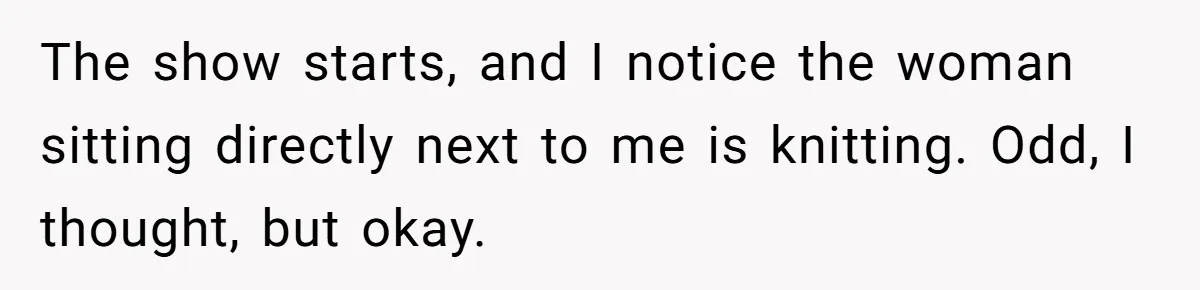 The show starts, and I notice the woman sitting directly next to me is knitting. Odd, I thought, but okay.