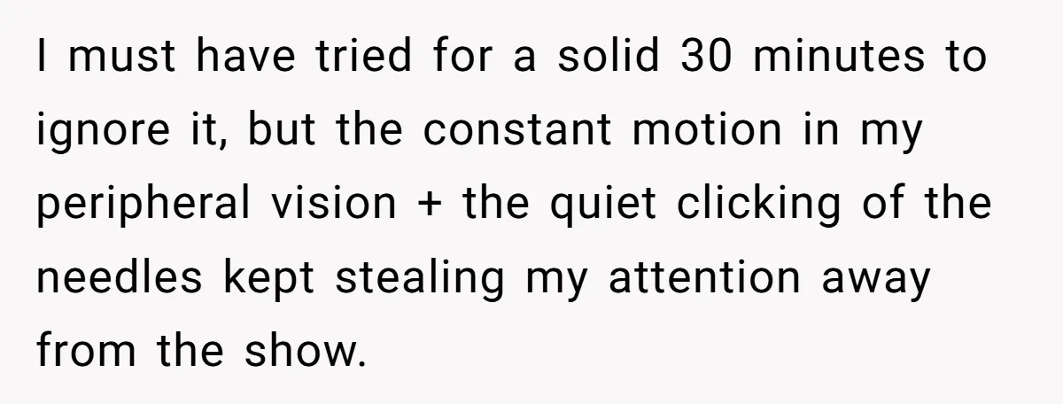 I must have tried for a solid 30 minutes to ignore it, but the constant motion in my peripheral vision + the quiet clicking of the needles kept stealing my...