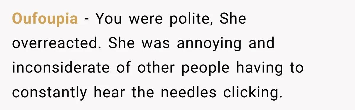 Oufoupia − You were polite, She overreacted. She was annoying and inconsiderate of other people having to constantly hear the needles clicking.