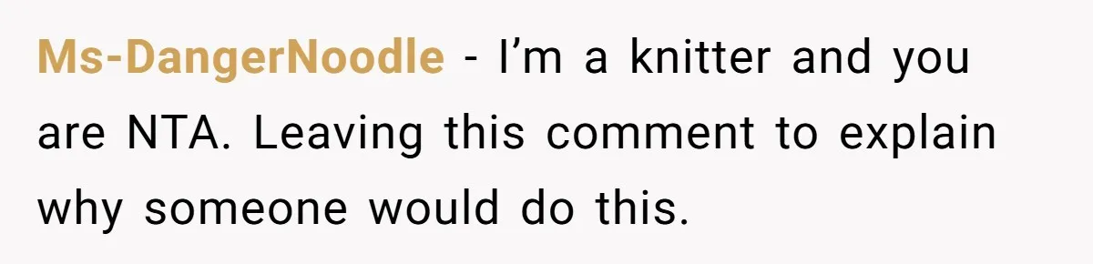 Ms-DangerNoodle − I’m a knitter and you are NTA. Leaving this comment to explain why someone would do this.