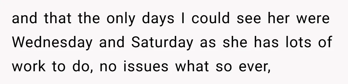 and that the only days I could see her were Wednesday and Saturday as she has lots of work to do, no issues what so ever,