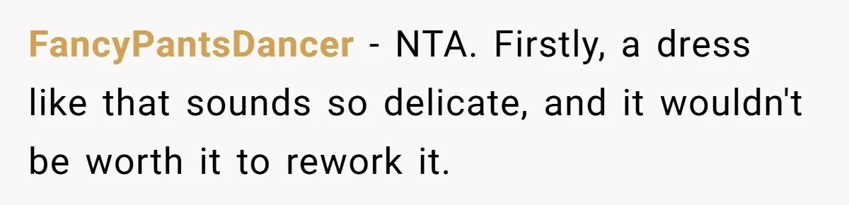 FancyPantsDancer − NTA. Firstly, a dress like that sounds so delicate, and it wouldn't be worth it to rework it.