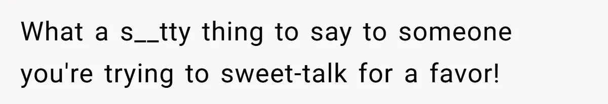 What a s__tty thing to say to someone you're trying to sweet-talk for a favor!