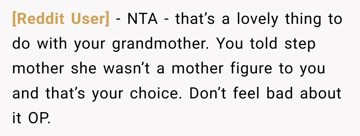 [Reddit User] - NTA - that’s a lovely thing to do with your grandmother. You told step mother she wasn’t a mother figure to you and that’s your choice. Don’t...