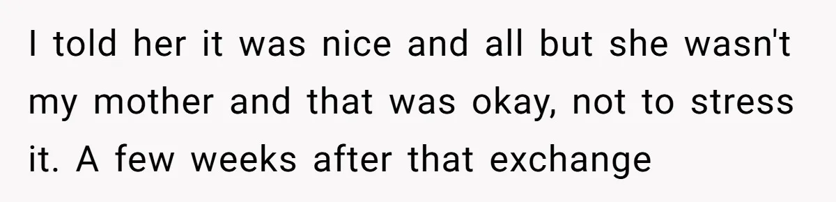 Groom Refuses to Give His Stepmom a Public Tribute After a Decade of Pushed Boundaries I told her it was nice and all but she wasn't my mother and that was okay, not to stress it. A few weeks after that exchange