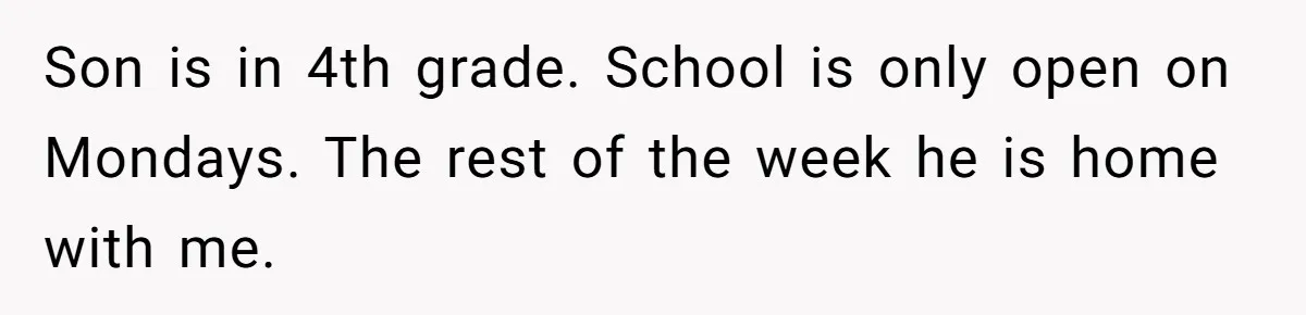 Son is in 4th grade. School is only open on Mondays. The rest of the week he is home with me.
