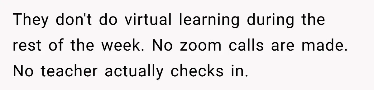They don't do virtual learning during the rest of the week. No zoom calls are made. No teacher actually checks in.