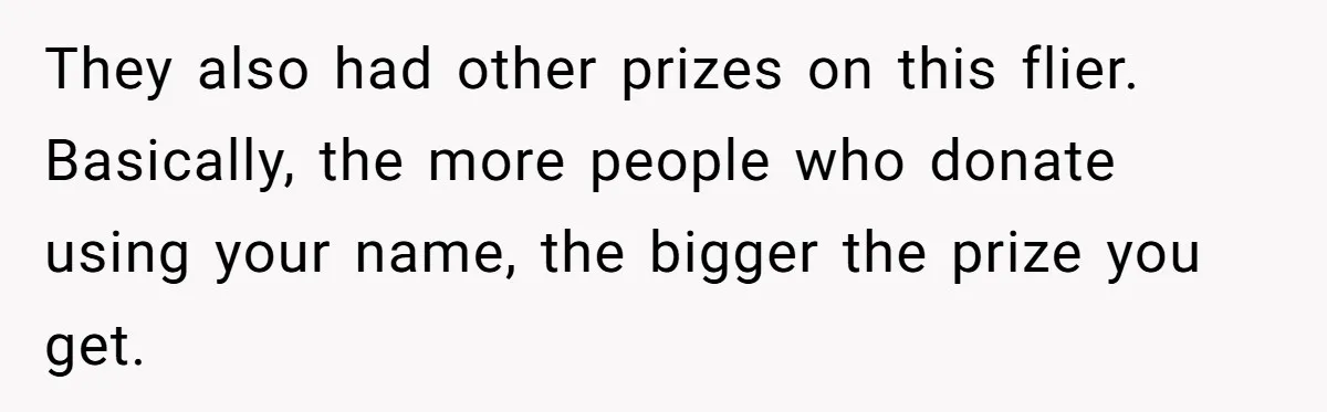 They also had other prizes on this flier. Basically, the more people who donate using your name, the bigger the prize you get.