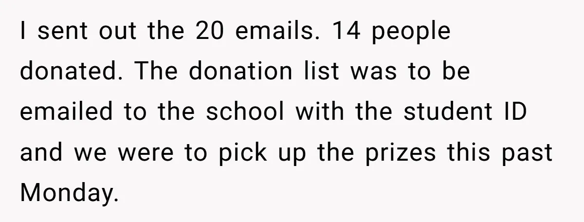 I sent out the 20 emails. 14 people donated. The donation list was to be emailed to the school with the student ID and we were to pick up the...