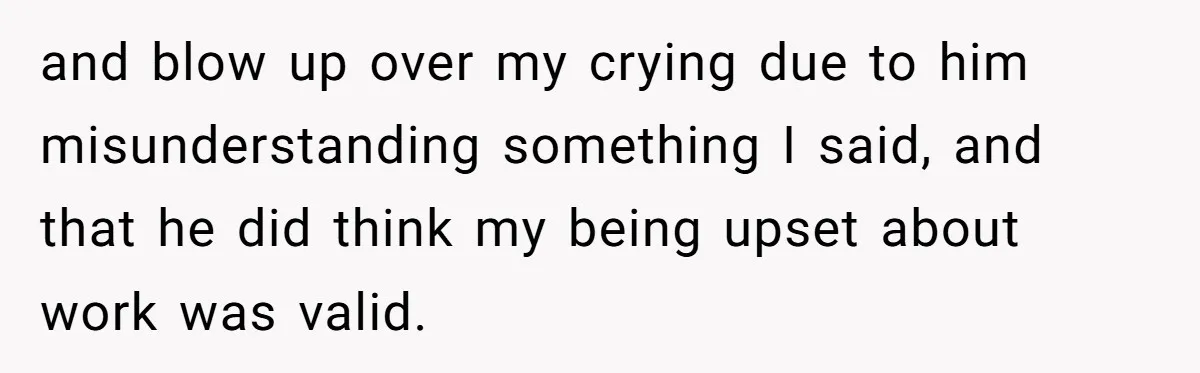and blow up over my crying due to him misunderstanding something I said, and that he did think my being upset about work was valid.