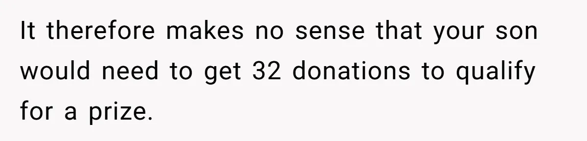 It therefore makes no sense that your son would need to get 32 donations to qualify for a prize.