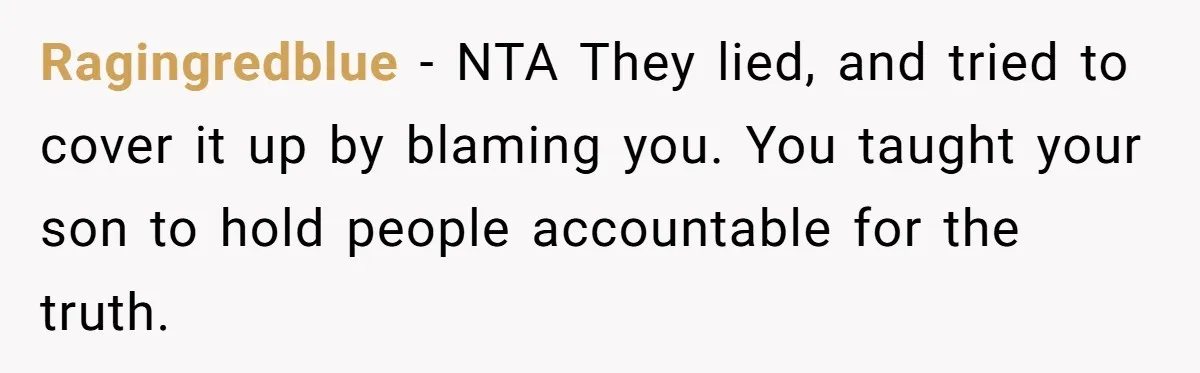 Ragingredblue − NTA They lied, and tried to cover it up by blaming you. You taught your son to hold people accountable for the truth.