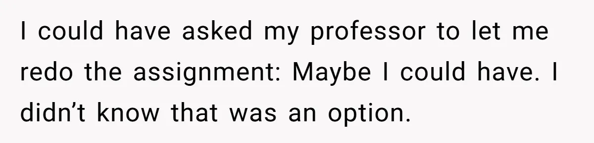 I could have asked my professor to let me redo the assignment: Maybe I could have. I didn’t know that was an option.