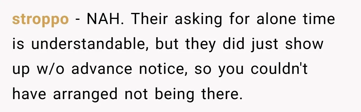 stroppo − NAH. Their asking for alone time is understandable, but they did just show up w/o advance notice, so you couldn't have arranged not being there.