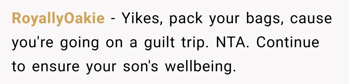 RoyallyOakie − Yikes, pack your bags, cause you're going on a guilt trip. NTA. Continue to ensure your son's wellbeing.