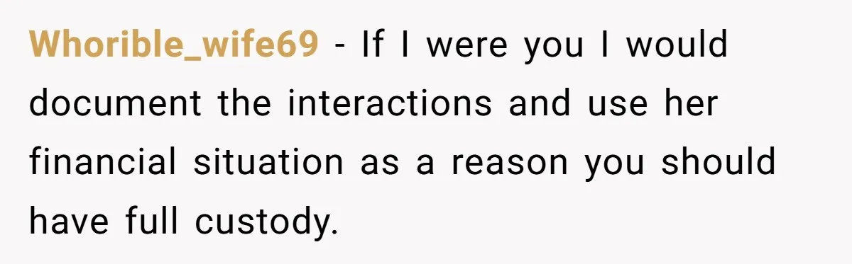 Whorible_wife69 − If I were you I would document the interactions and use her financial situation as a reason you should have full custody.