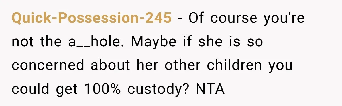 Quick-Possession-245 − Of course you're not the a__hole. Maybe if she is so concerned about her other children you could get 100% custody? NTA