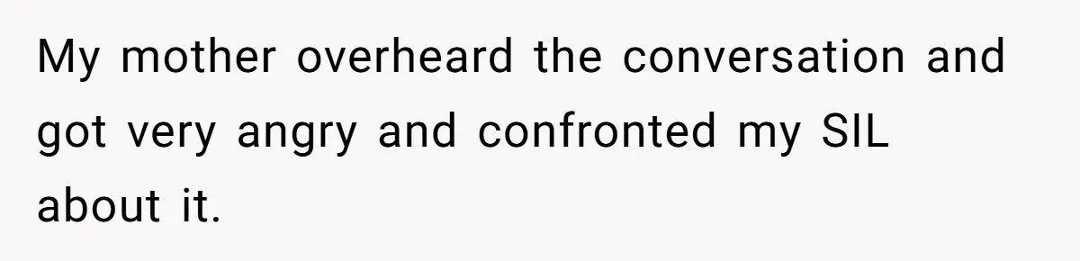 My mother overheard the conversation and got very angry and confronted my SIL about it.