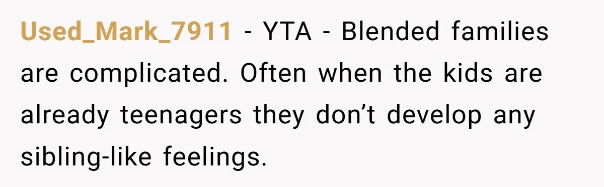 Used_Mark_7911 − YTA - Blended families are complicated. Often when the kids are already teenagers they don’t develop any sibling-like feelings.