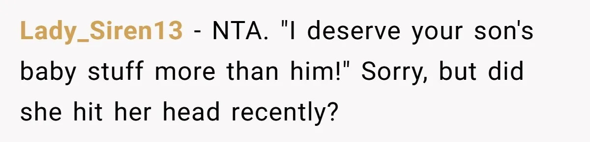 Lady_Siren13 − NTA. "I deserve your son's baby stuff more than him!" Sorry, but did she hit her head recently?