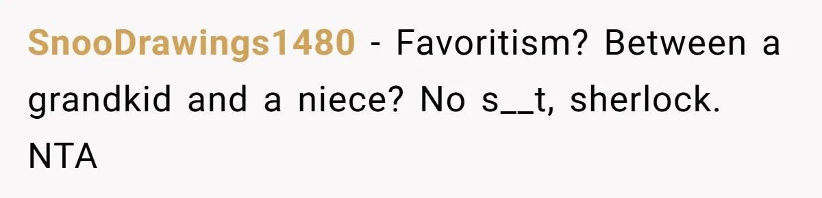 SnooDrawings1480 − Favoritism? Between a grandkid and a niece? No s__t, sherlock. NTA