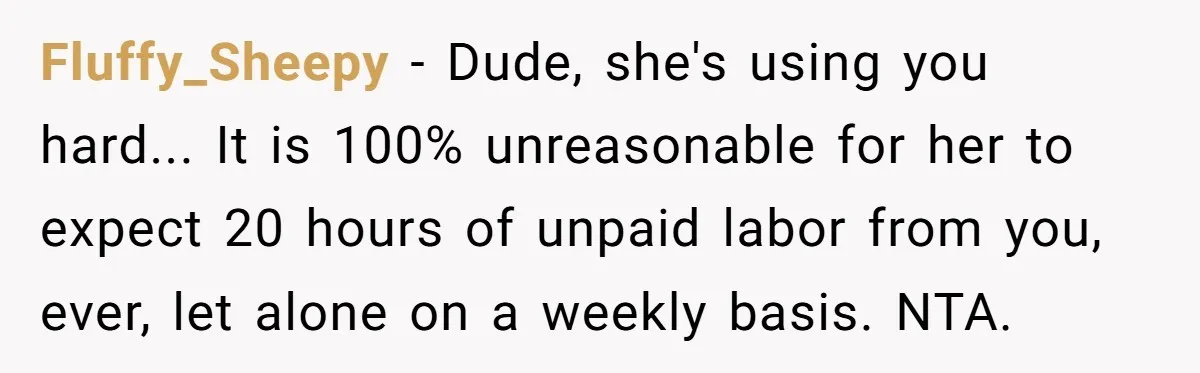 Fluffy_Sheepy − Dude, she's using you hard... It is 100% unreasonable for her to expect 20 hours of unpaid labor from you, ever, let alone on a weekly basis. NTA.