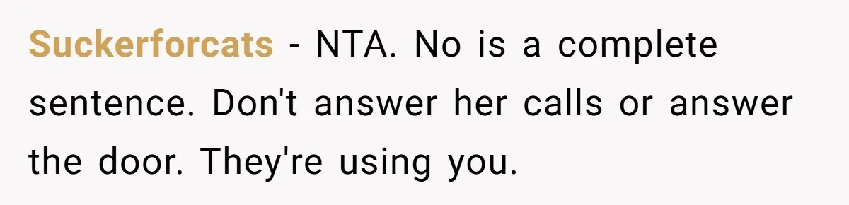Suckerforcats − NTA. No is a complete sentence. Don't answer her calls or answer the door. They're using you.