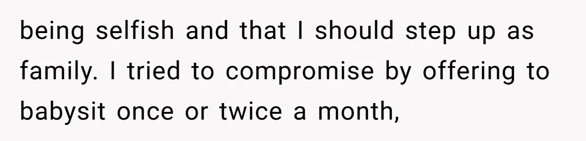 being selfish and that I should step up as family. I tried to compromise by offering to babysit once or twice a month,